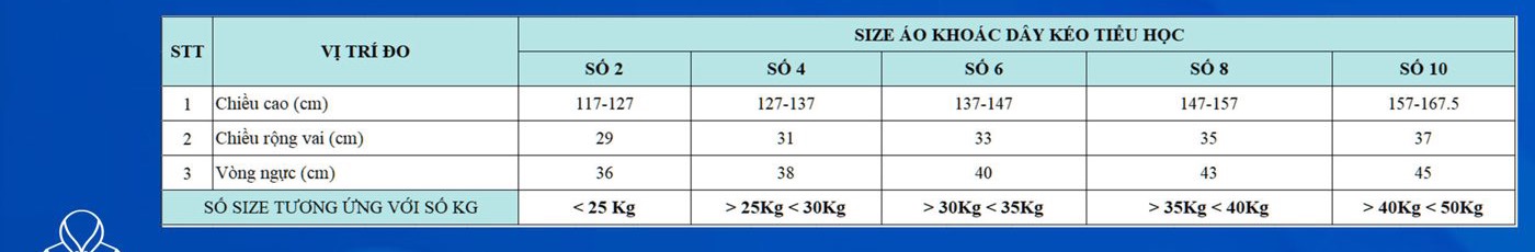 Size áo khoác dây kéo Tiểu học