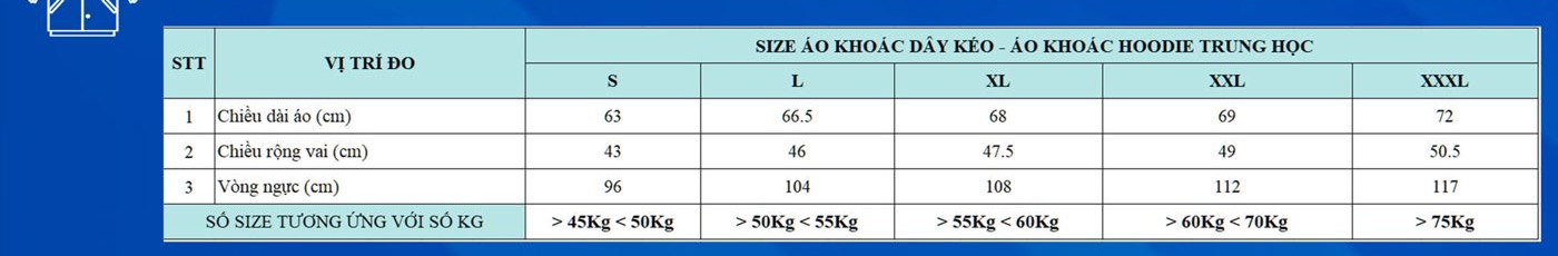 Size áo khoác dây kéo / hoodie Trung học