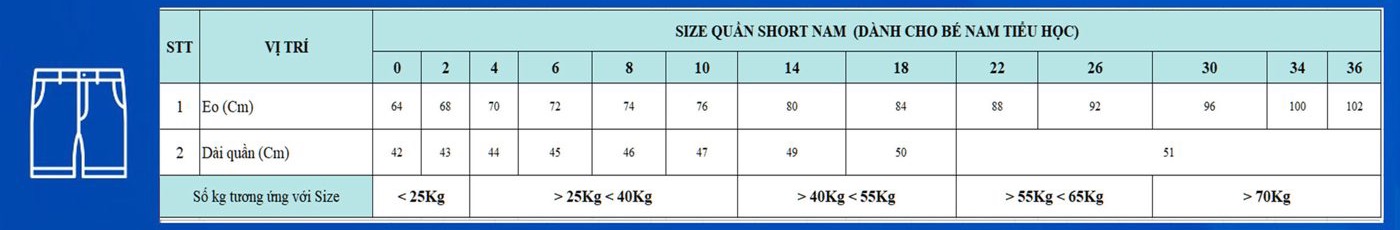 Size quần short nam (bé nam Tiểu học)
