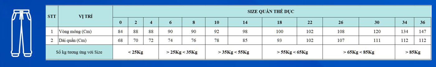 Size quần thể dục
