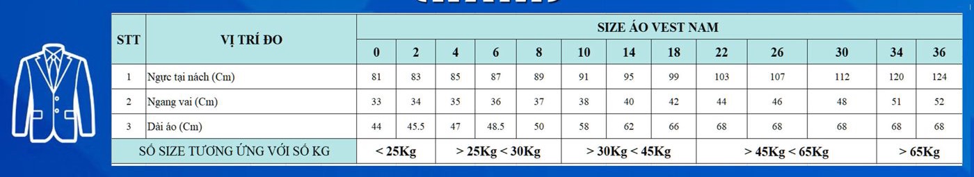 Size áo vest nam
